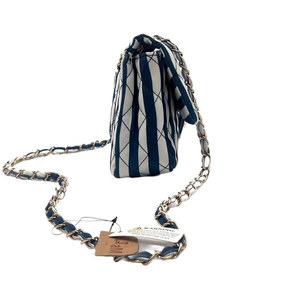 Hello 3AM Blue & White Stripe Nautical Shoulder Clutch Gold Chain Crossbody Bag - Picture 2 of 12